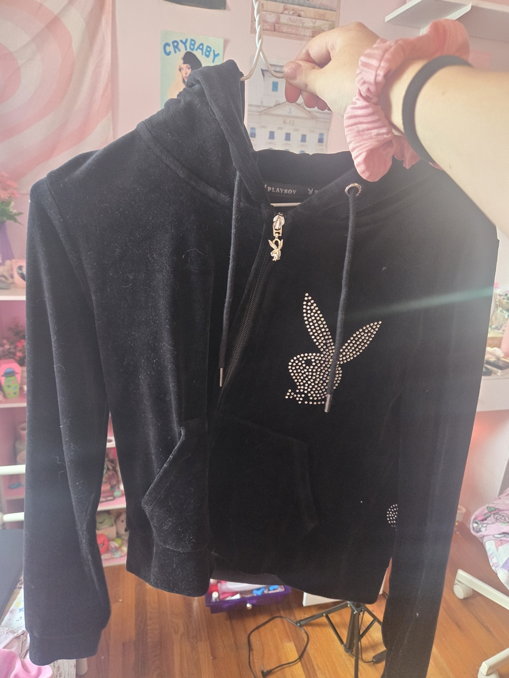 PLAYBOY Black Velour Rhinestone Bunny Zip Hoodie with pants